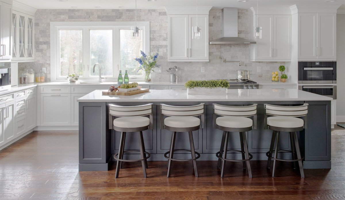 steel grey shaker island scene White Shaker Kitchen